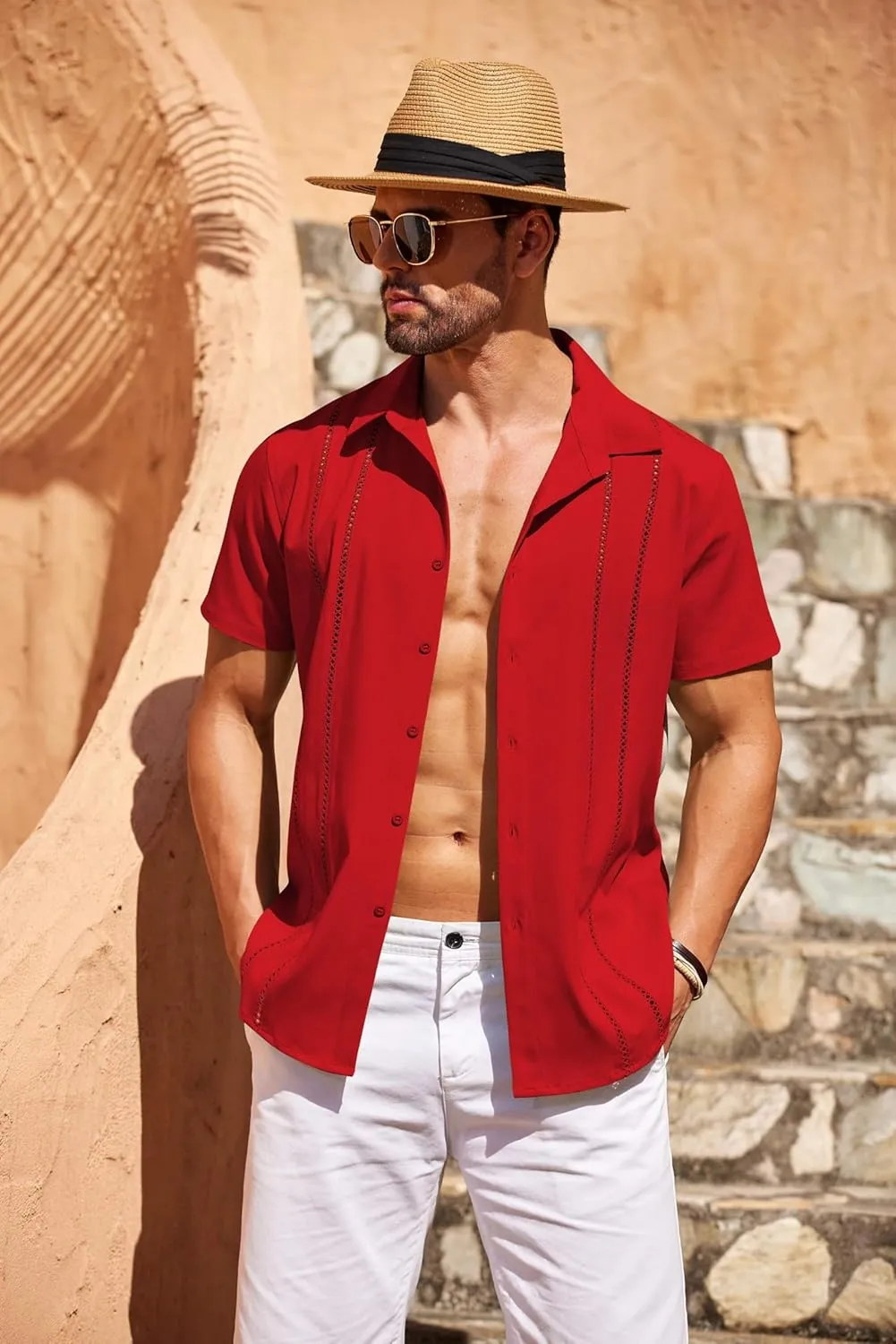 COOFANDY Men's Cuban Guayabera Shirt Short Sleeve Button Down Shirts Casual Summer Beach Linen Shirts