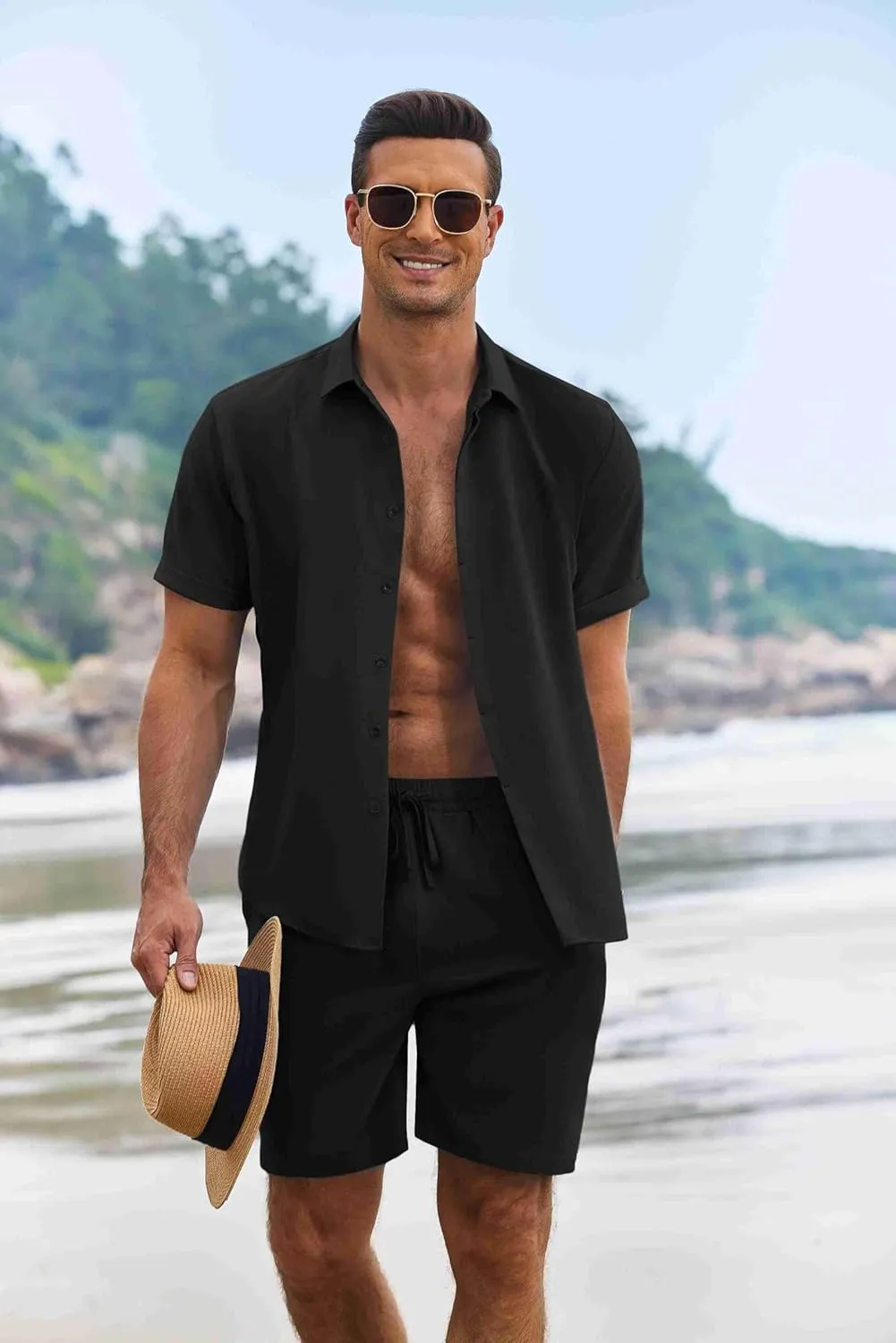 COOFANDY Men's Summer Beach Outfits 2 Piece Short Sleeve Shirts and Shorts Vacation Texture Linen Sets for Men