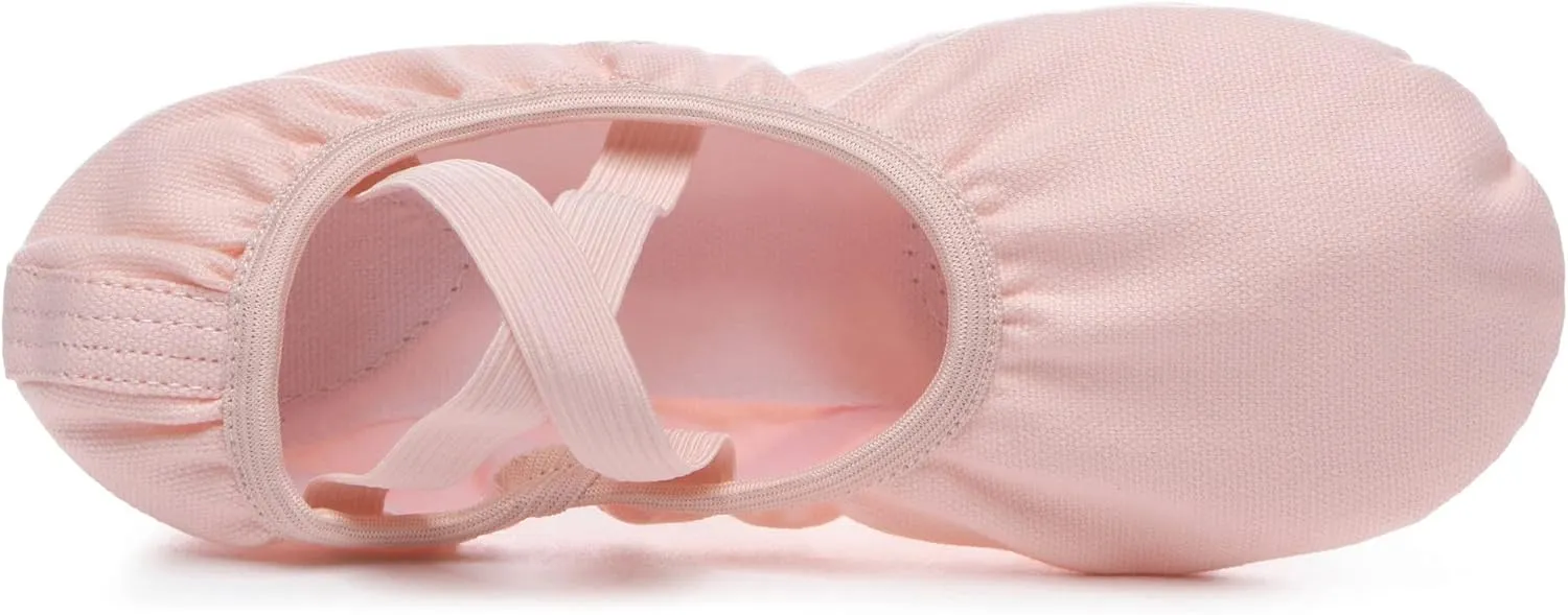Danzcue Womens Elastic Ballet Shoes, Canvas Split Sole Ballet Slippers for Women Girls, Pink