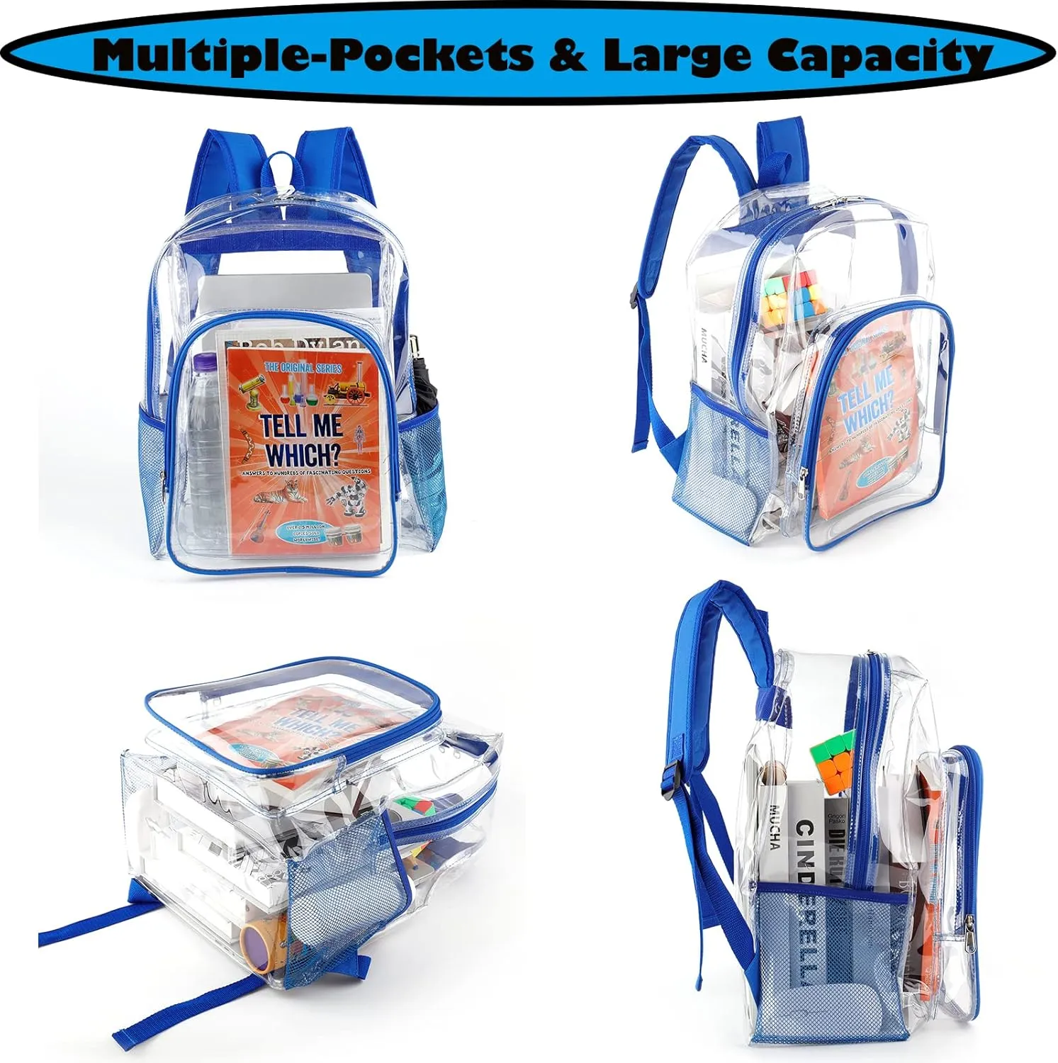 Fomaris Clear Backpack Heavy Duty See Through Plastic Clear Bookbags for School Festival Work College Stadium (Blue) 16 Inch