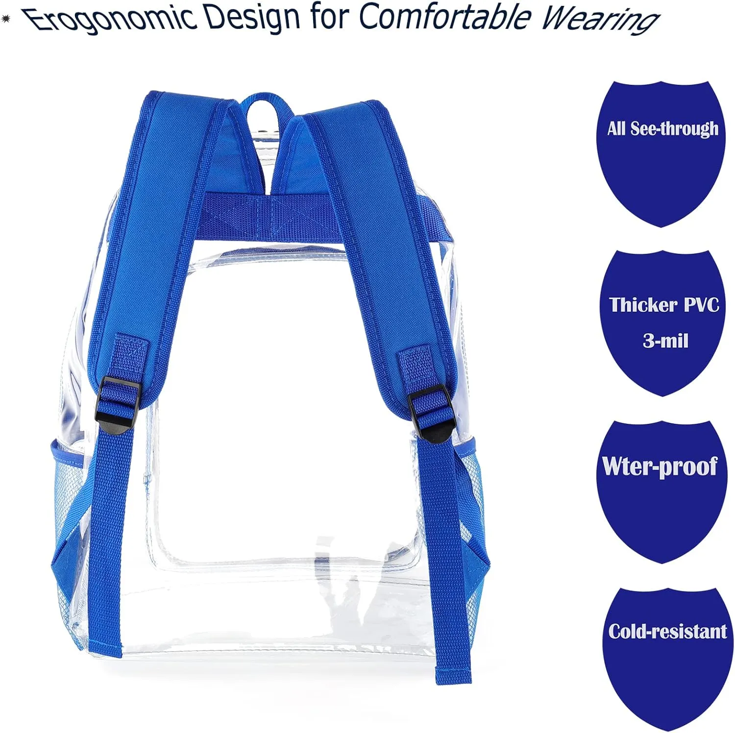 Fomaris Clear Backpack Heavy Duty See Through Plastic Clear Bookbags for School Festival Work College Stadium (Blue) 16 Inch