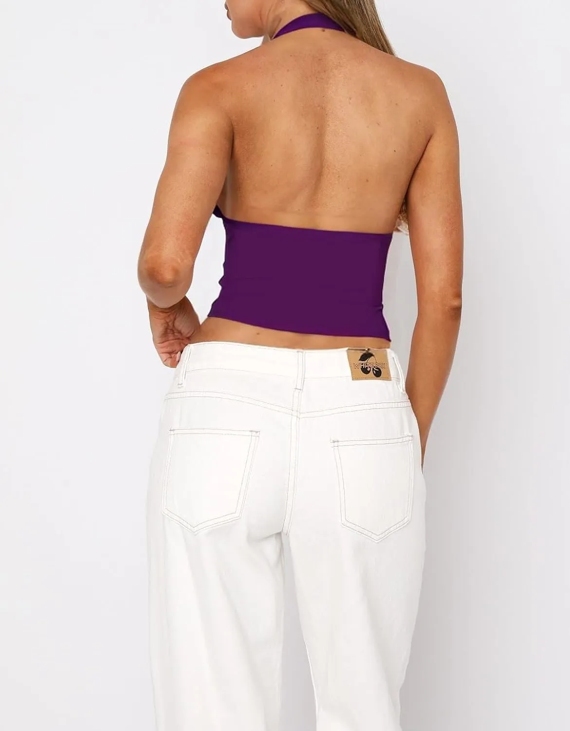 ForeFair Women Sexy Halter Deep V Neck Backless Crop Tank Top Open Back Sleeveless Slim Fit Y2k Summer Tops
