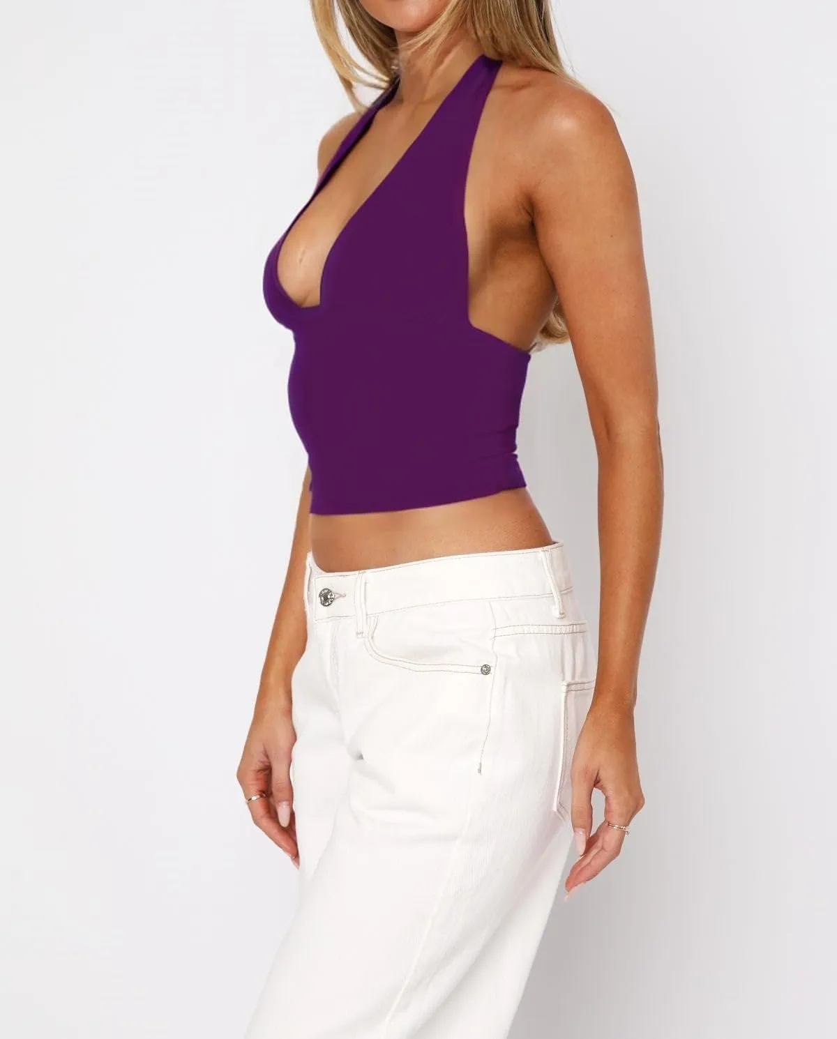 ForeFair Women Sexy Halter Deep V Neck Backless Crop Tank Top Open Back Sleeveless Slim Fit Y2k Summer Tops