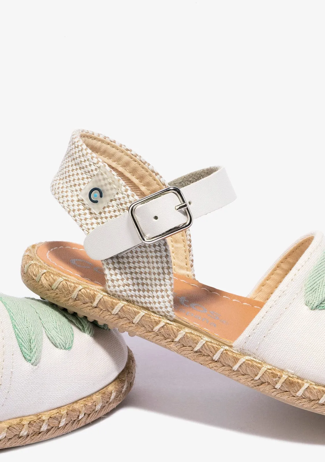 Girl's White Green Buckle Espadrilles