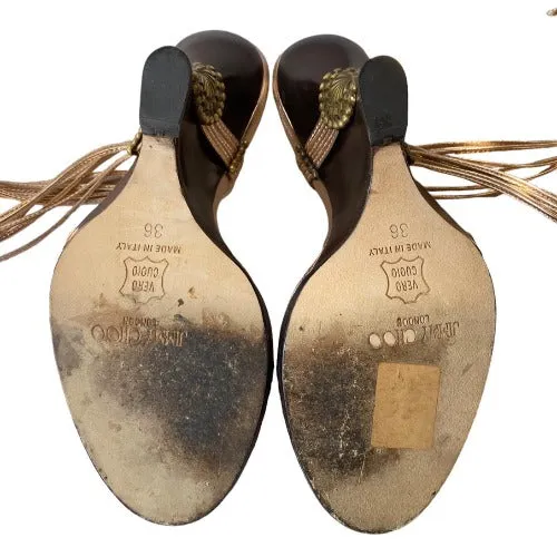 JIMMY CHOO Copper Gold Metallic Nappa Ankle Strap Wedge Sandals, Size 36