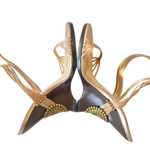 JIMMY CHOO Copper Gold Metallic Nappa Ankle Strap Wedge Sandals, Size 36