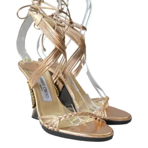 JIMMY CHOO Copper Gold Metallic Nappa Ankle Strap Wedge Sandals, Size 36