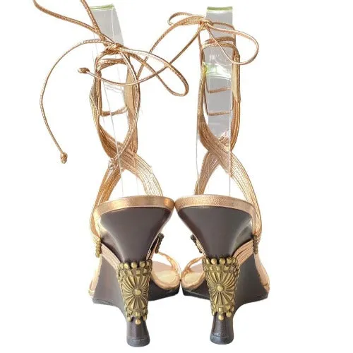 JIMMY CHOO Copper Gold Metallic Nappa Ankle Strap Wedge Sandals, Size 36