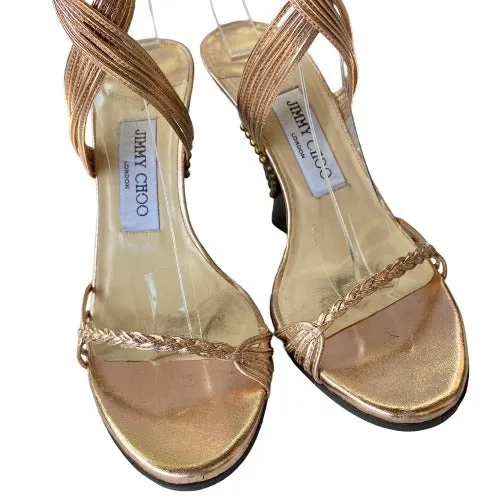 JIMMY CHOO Copper Gold Metallic Nappa Ankle Strap Wedge Sandals, Size 36