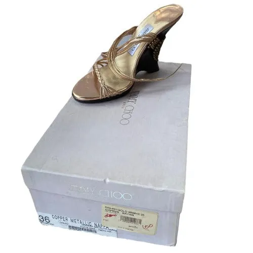 JIMMY CHOO Copper Gold Metallic Nappa Ankle Strap Wedge Sandals, Size 36