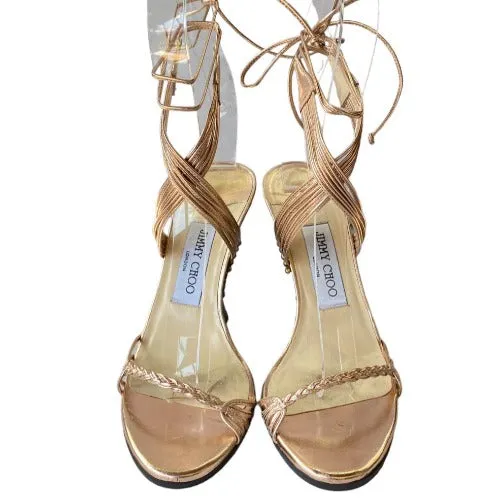 JIMMY CHOO Copper Gold Metallic Nappa Ankle Strap Wedge Sandals, Size 36