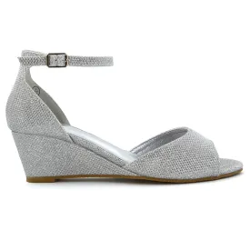 LOTTIE Mid Sandal Wedge Heels Bridal Shoes with Buckle Up Ankle Strap in Silver Glitter