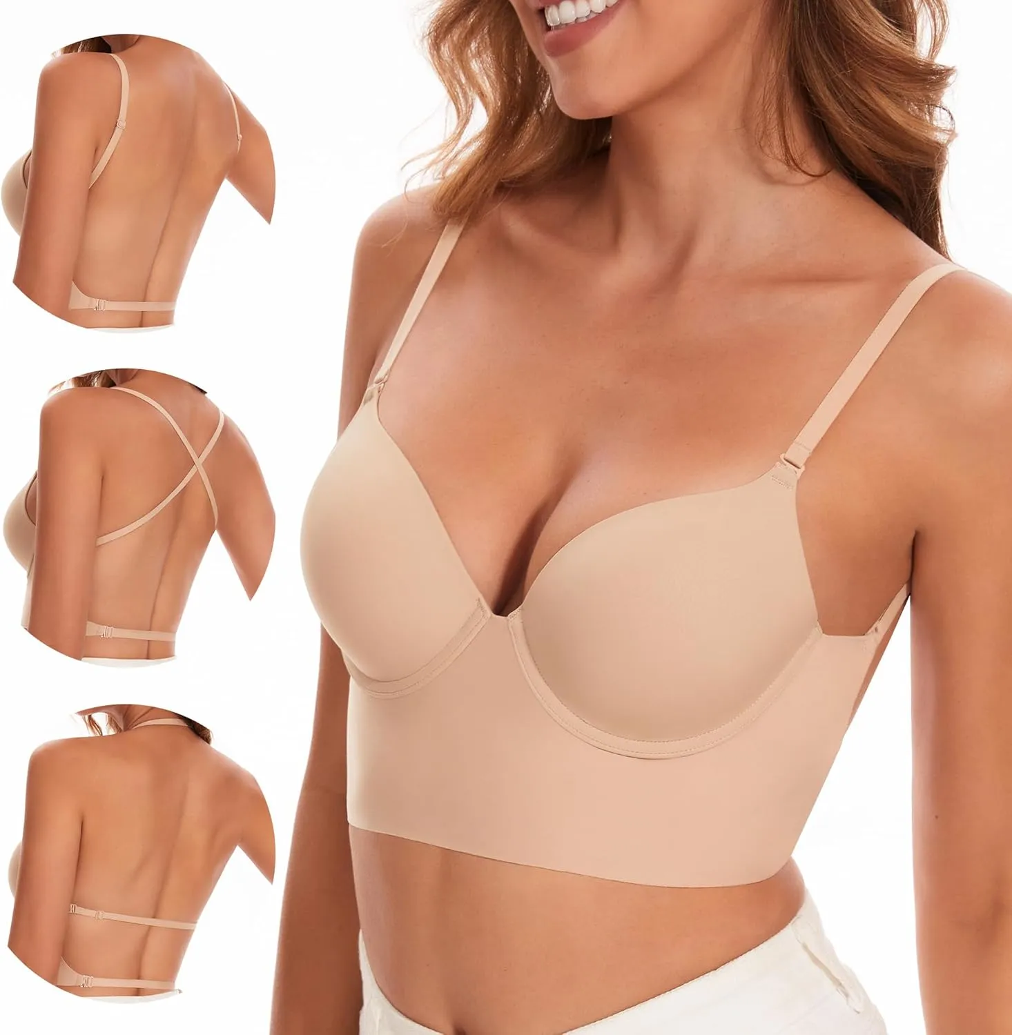 Low Back Bra for Women-Seamless Invisiable Backless Bras-Lightly Lined No Show Open Back Low Cut Bra Multiway Halter Bras