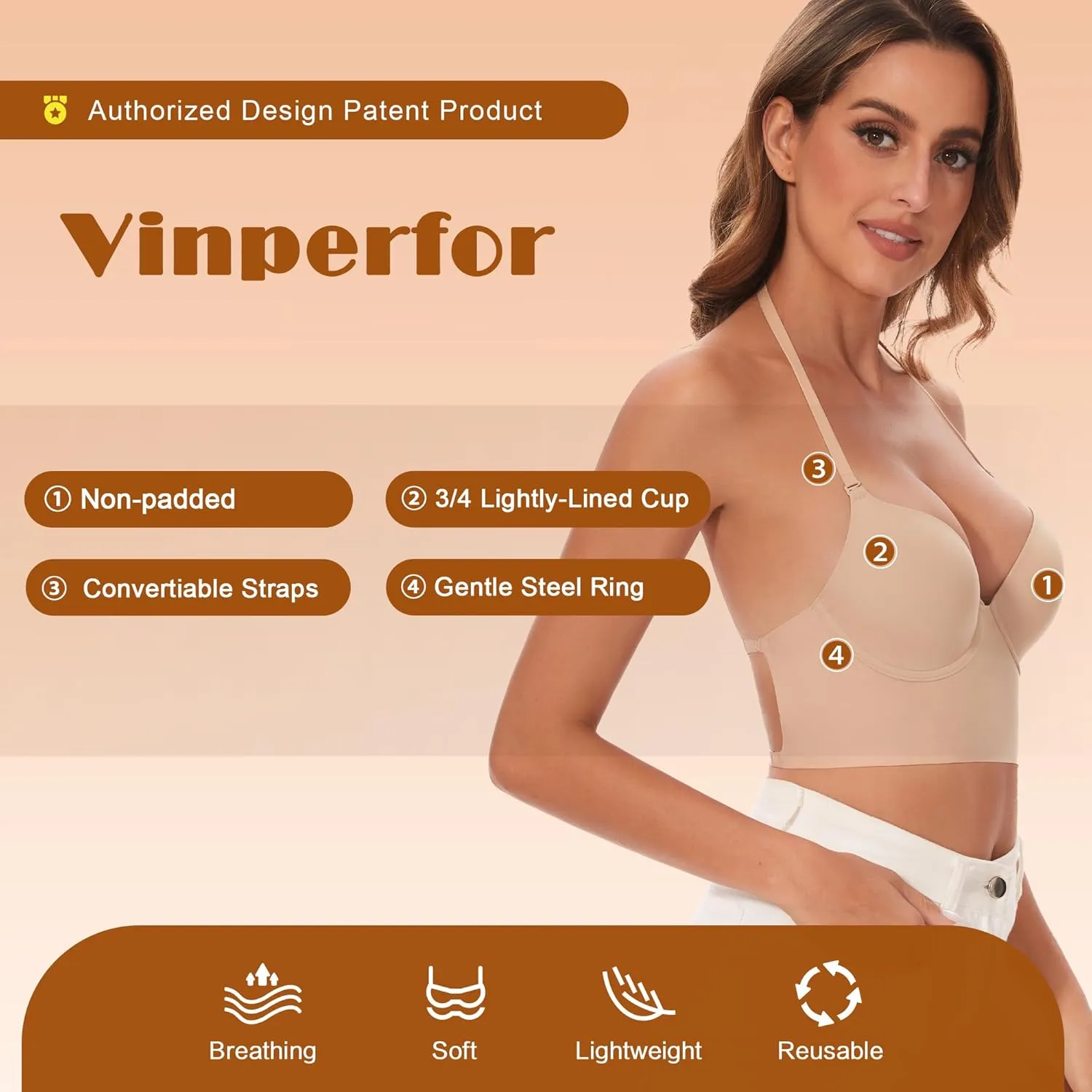 Low Back Bra for Women-Seamless Invisiable Backless Bras-Lightly Lined No Show Open Back Low Cut Bra Multiway Halter Bras