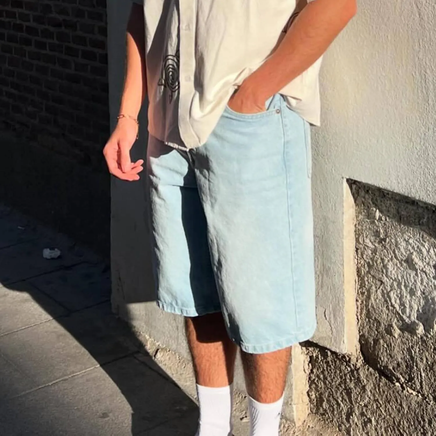 Mens Loose Denim Shorts Baggy Casual Wide Leg Mid Jean Jorts Zipper Hip Hop Shorts with Pockets Streetwear