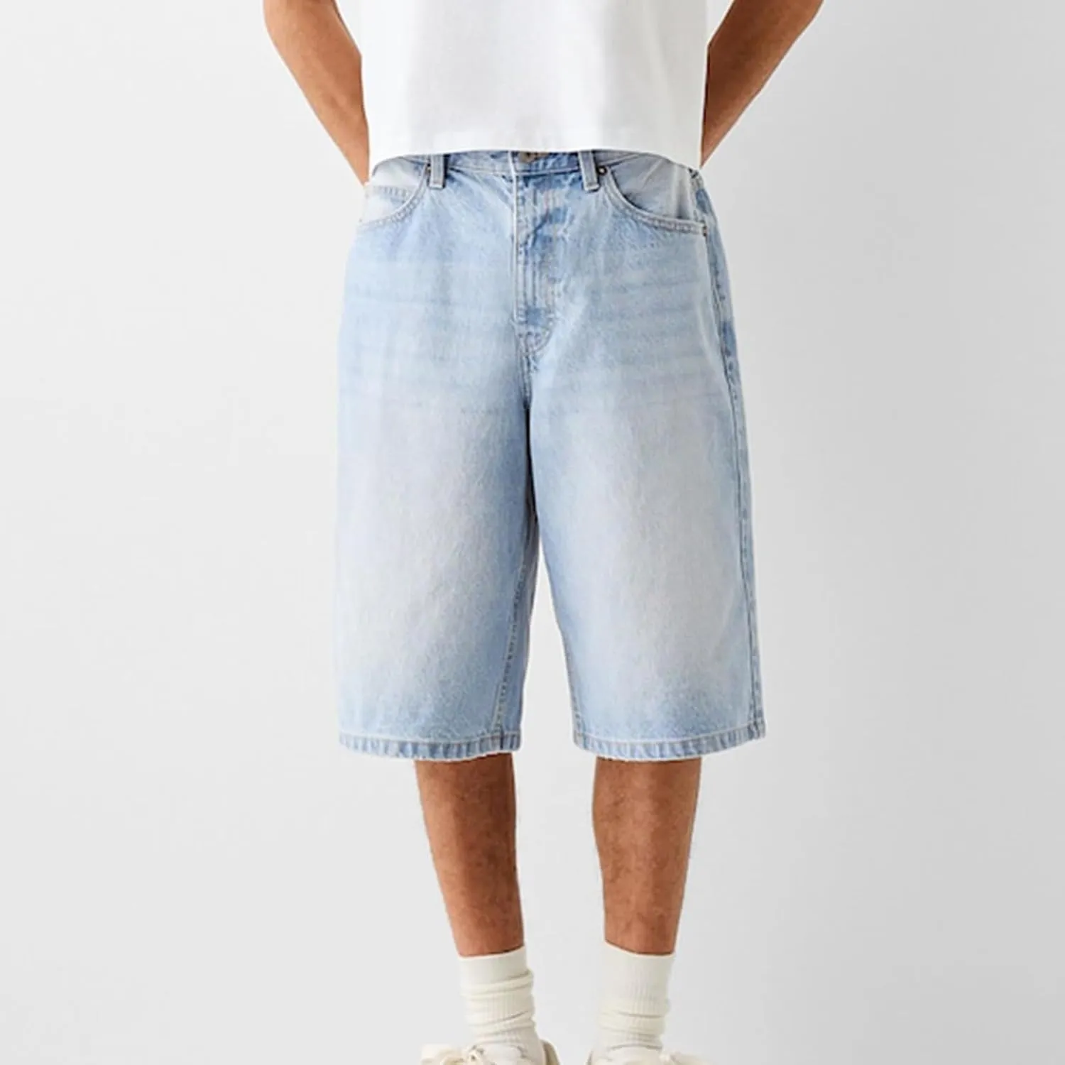 Mens Loose Denim Shorts Baggy Casual Wide Leg Mid Jean Jorts Zipper Hip Hop Shorts with Pockets Streetwear