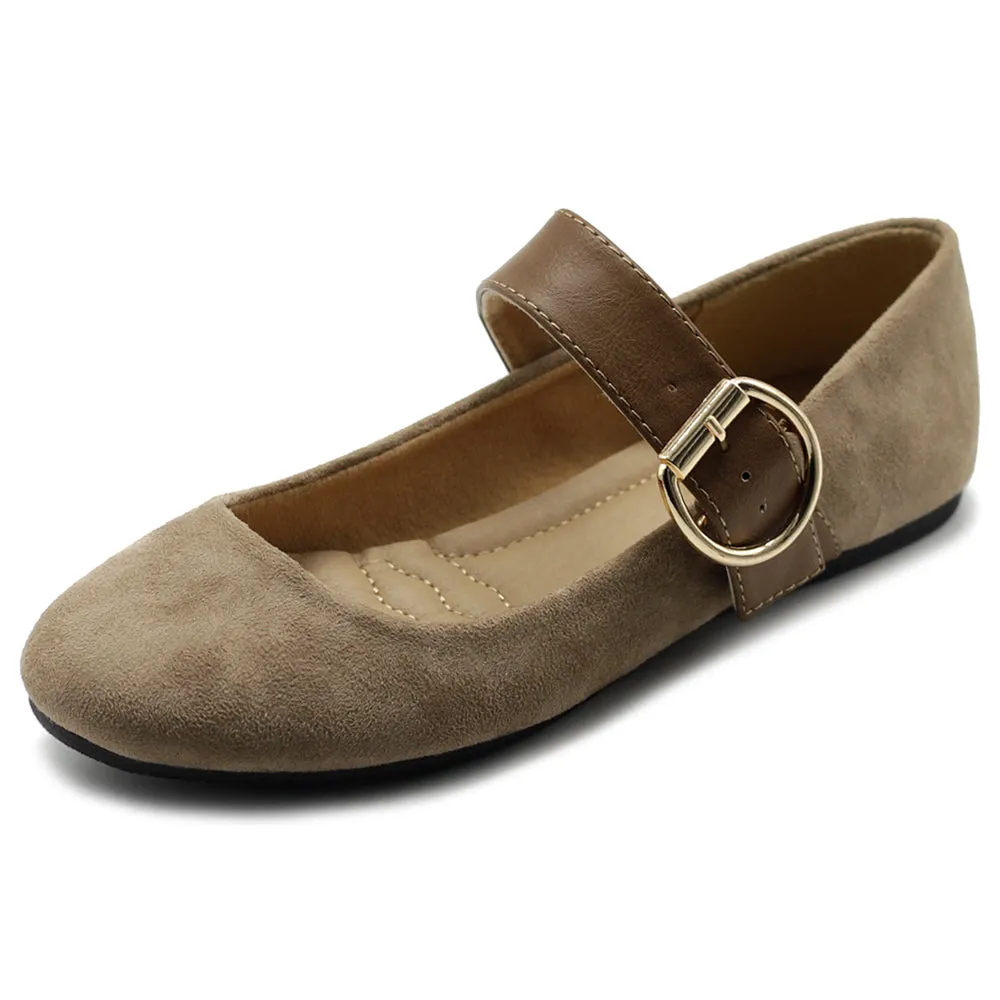 Ollio Women's Shoes Faux Suede Mary Jane Belt Slip On Comfort Light Ballet Flats
