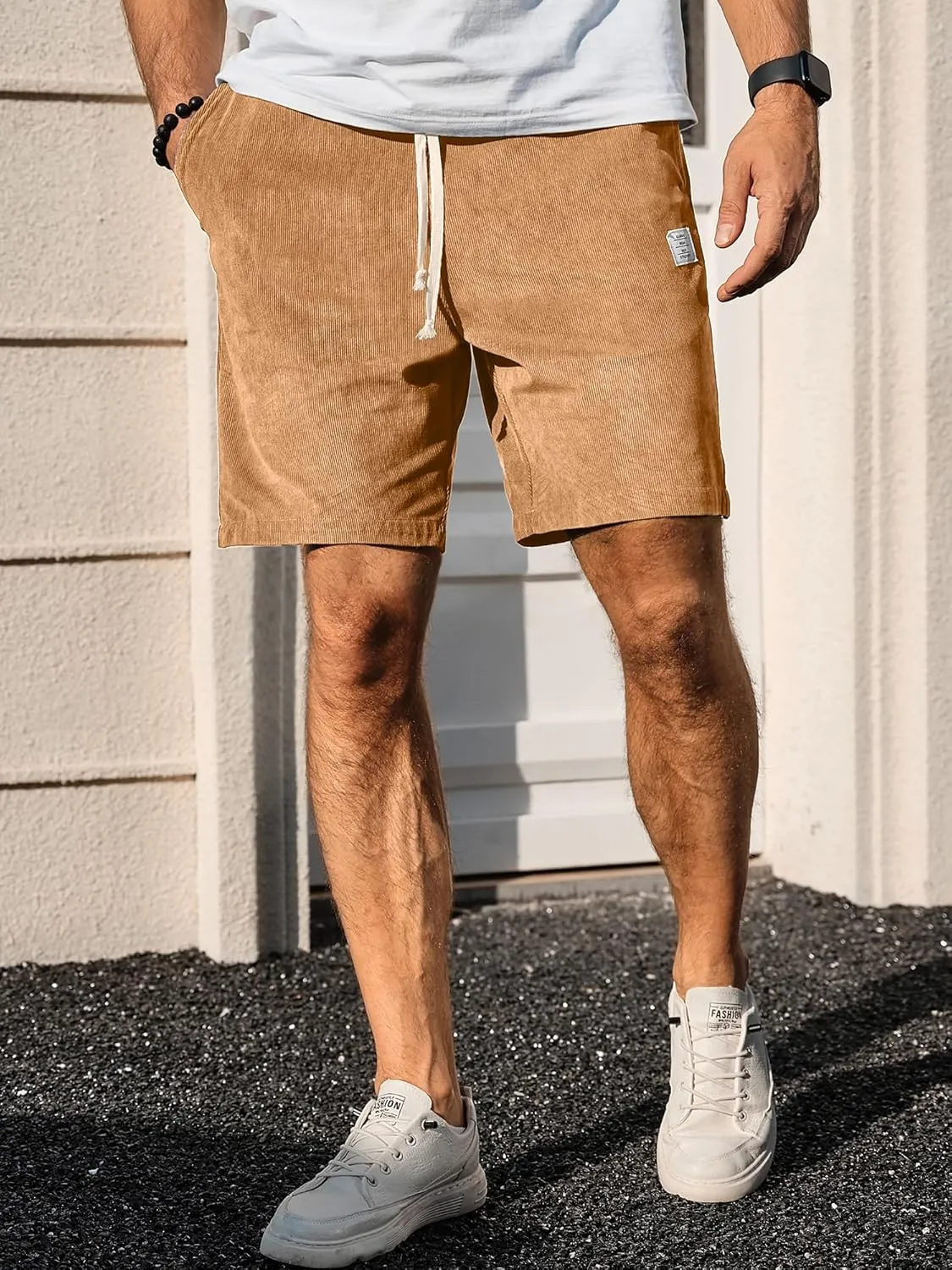 PLEPAN Mens Shorts 7 inch Corduroy Casual Short Drawstring Elastic Waist Lightweight Summer Beach Shorts Loose Fit