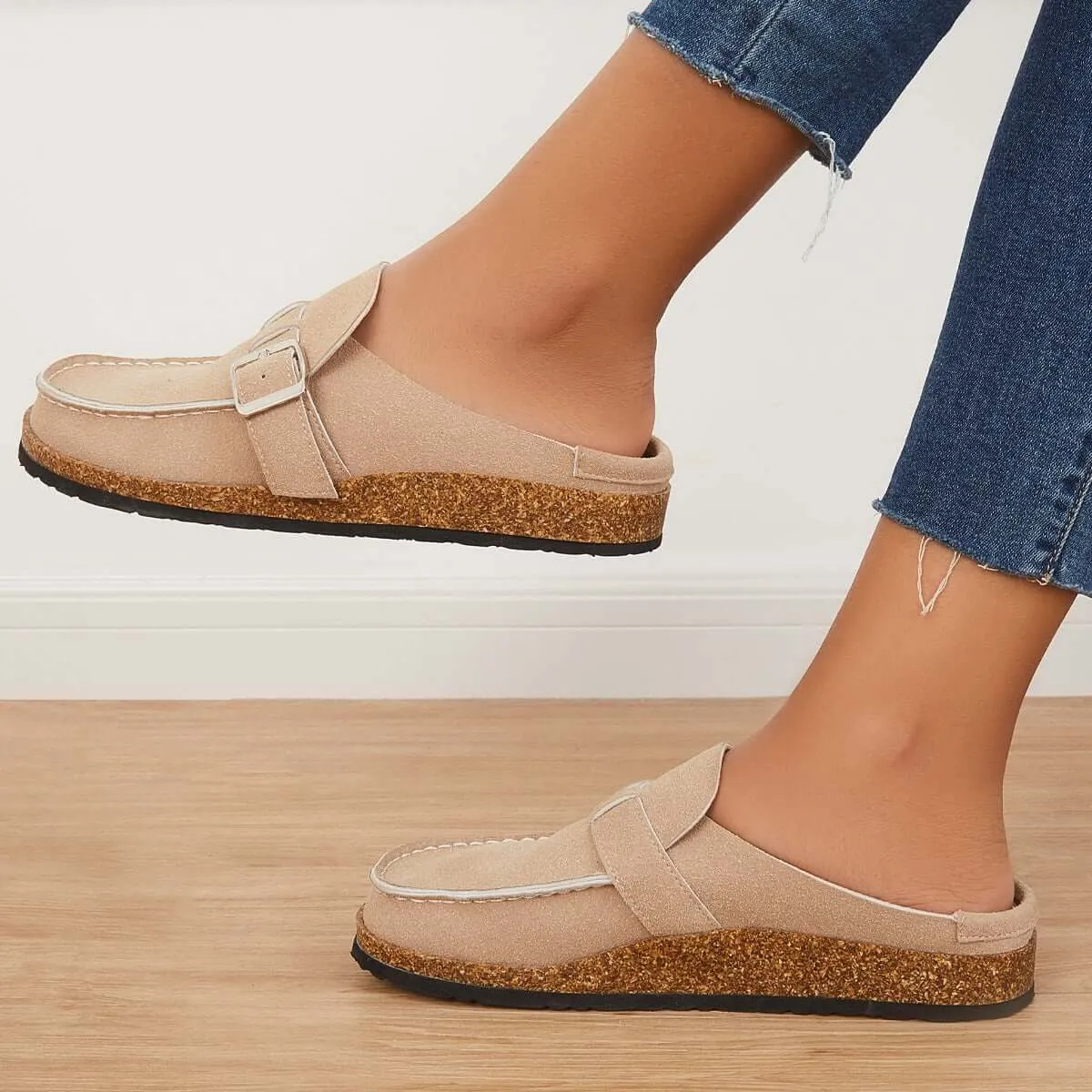 Sohiwoo Women Soft Leather Backless Mules Cork Footbed Slide Shoes