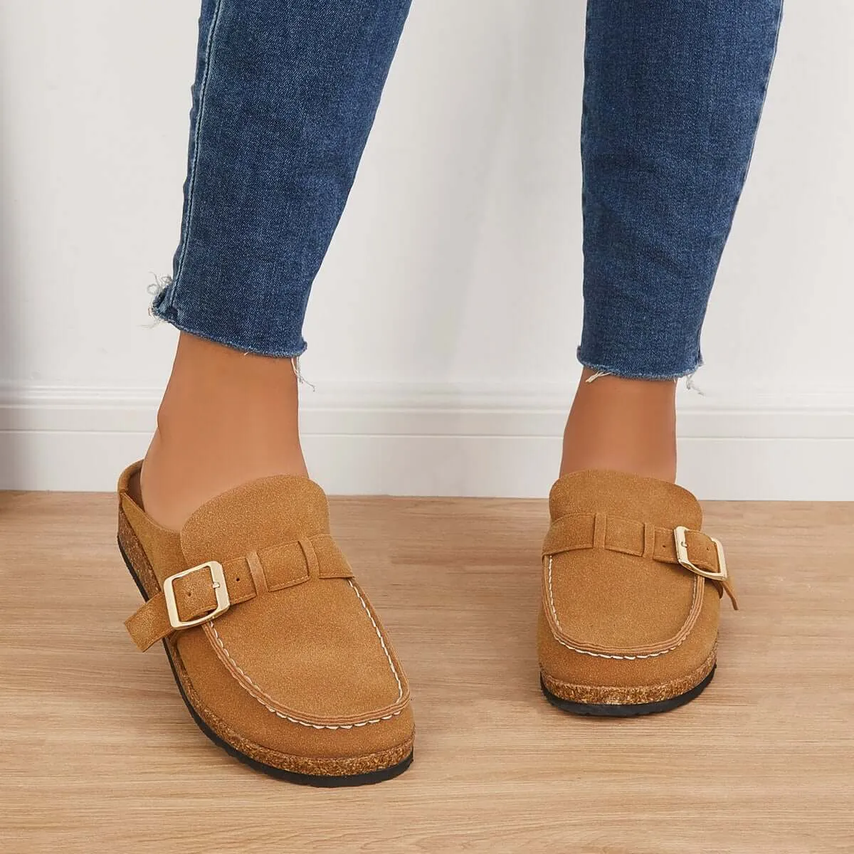 Sohiwoo Women Soft Leather Backless Mules Cork Footbed Slide Shoes