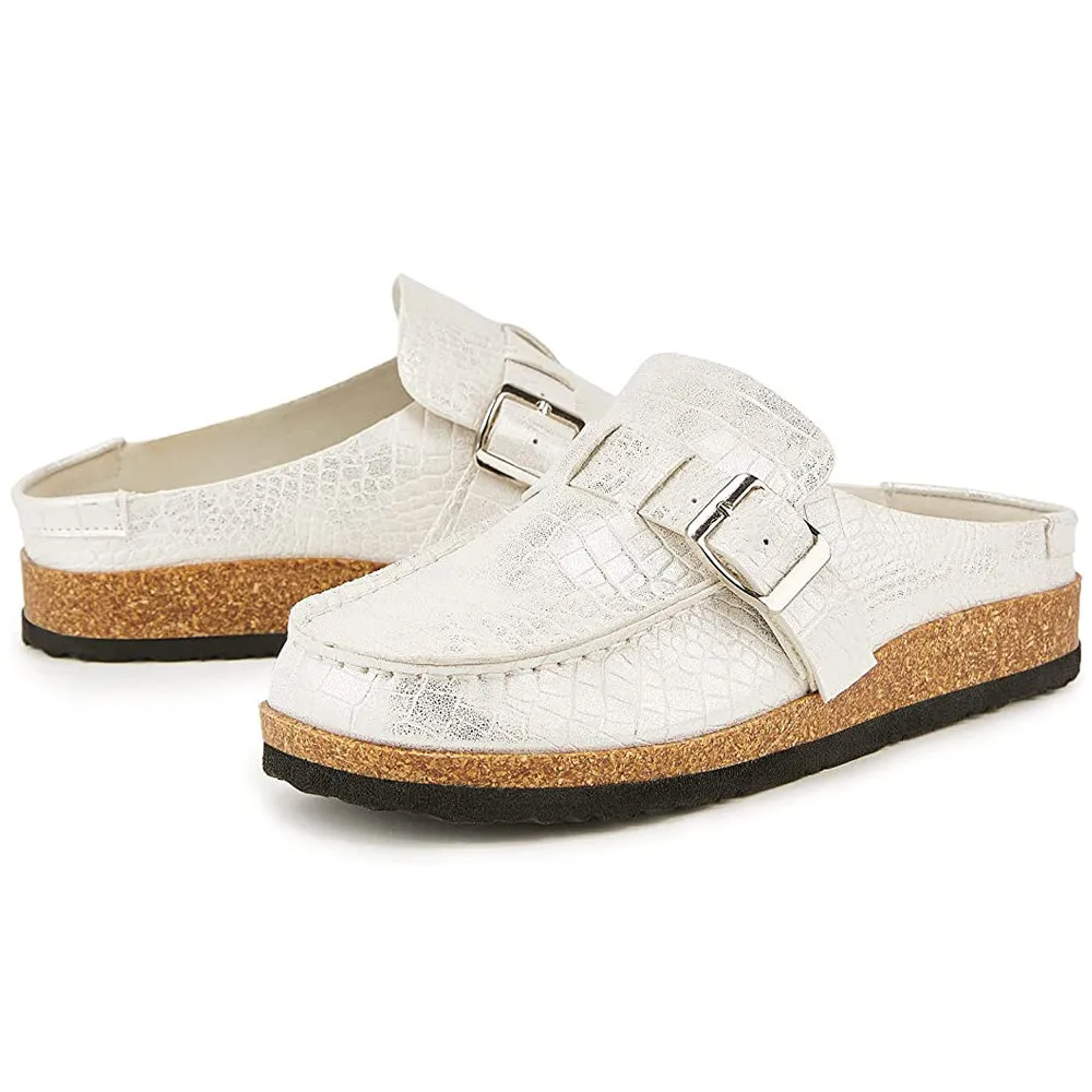 Sohiwoo Women Soft Leather Backless Mules Cork Footbed Slide Shoes