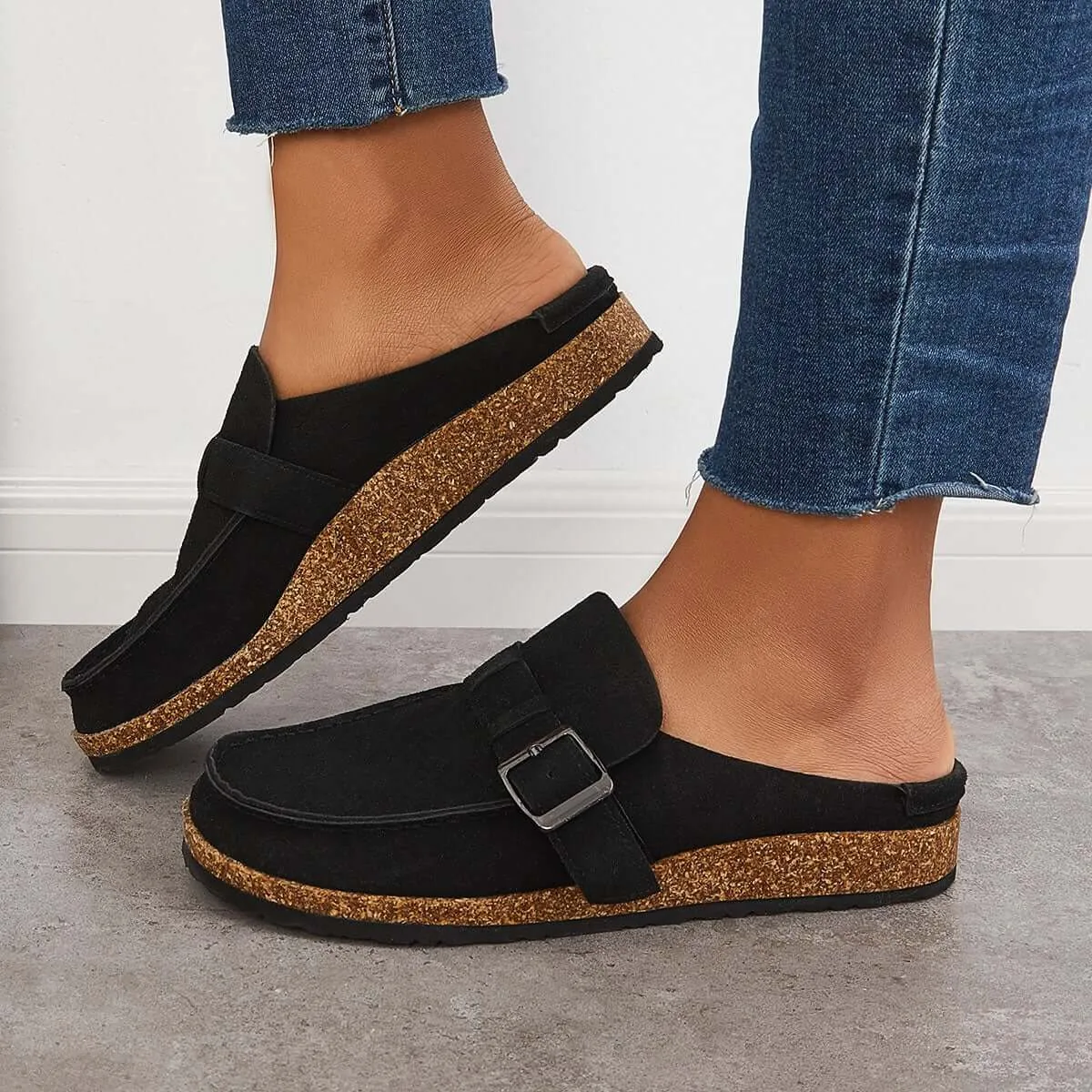 Sohiwoo Women Soft Leather Backless Mules Cork Footbed Slide Shoes