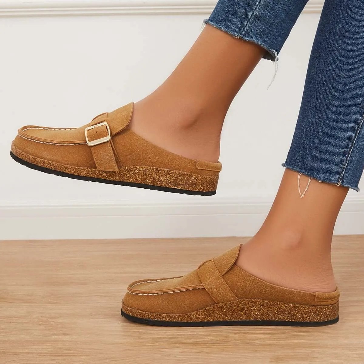 Sohiwoo Women Soft Leather Backless Mules Cork Footbed Slide Shoes