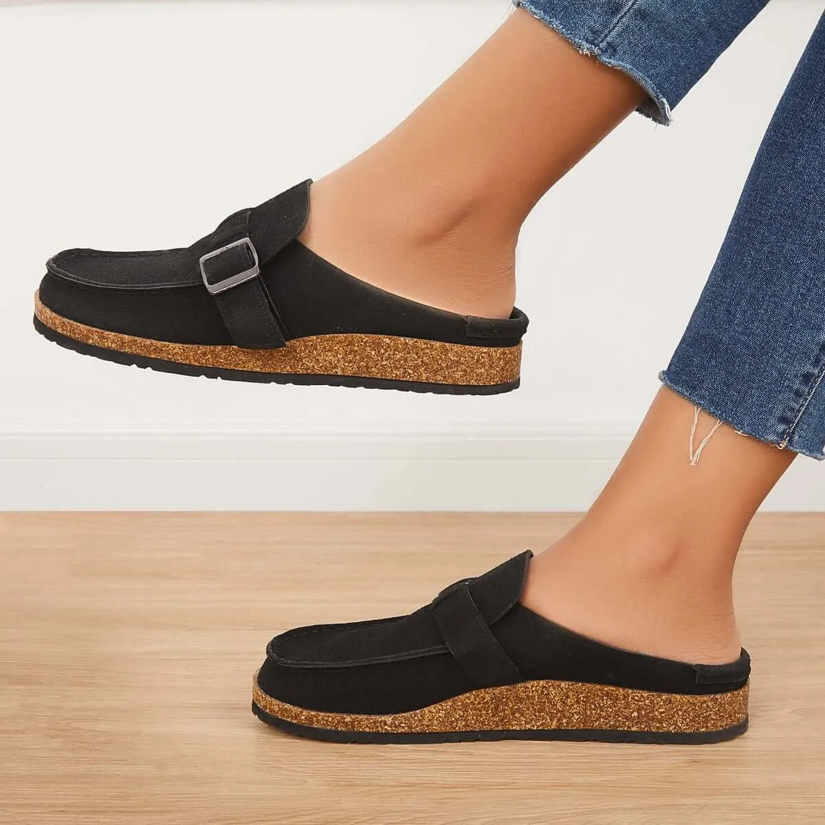 Sohiwoo Women Soft Leather Backless Mules Cork Footbed Slide Shoes