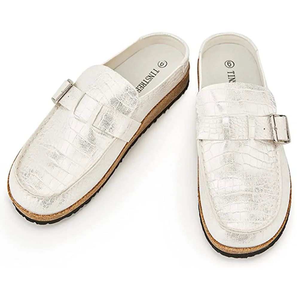 Sohiwoo Women Soft Leather Backless Mules Cork Footbed Slide Shoes