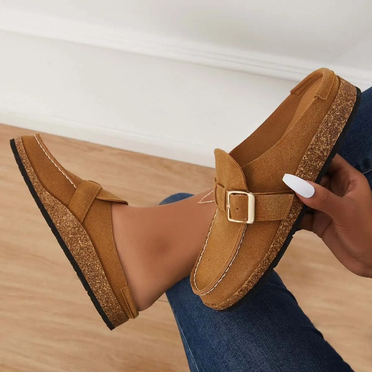Sohiwoo Women Soft Leather Backless Mules Cork Footbed Slide Shoes