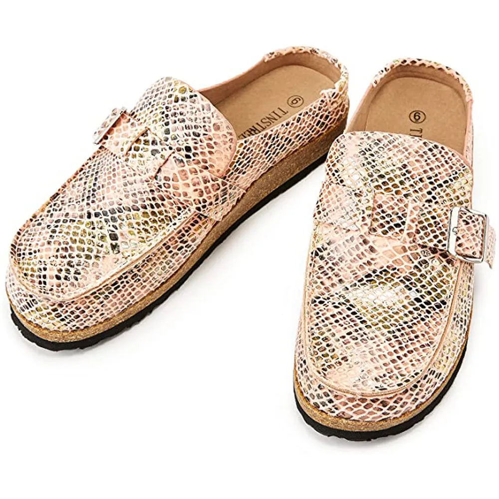 Sohiwoo Women Soft Leather Backless Mules Cork Footbed Slide Shoes