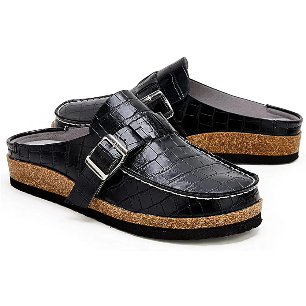 Sohiwoo Women Soft Leather Backless Mules Cork Footbed Slide Shoes