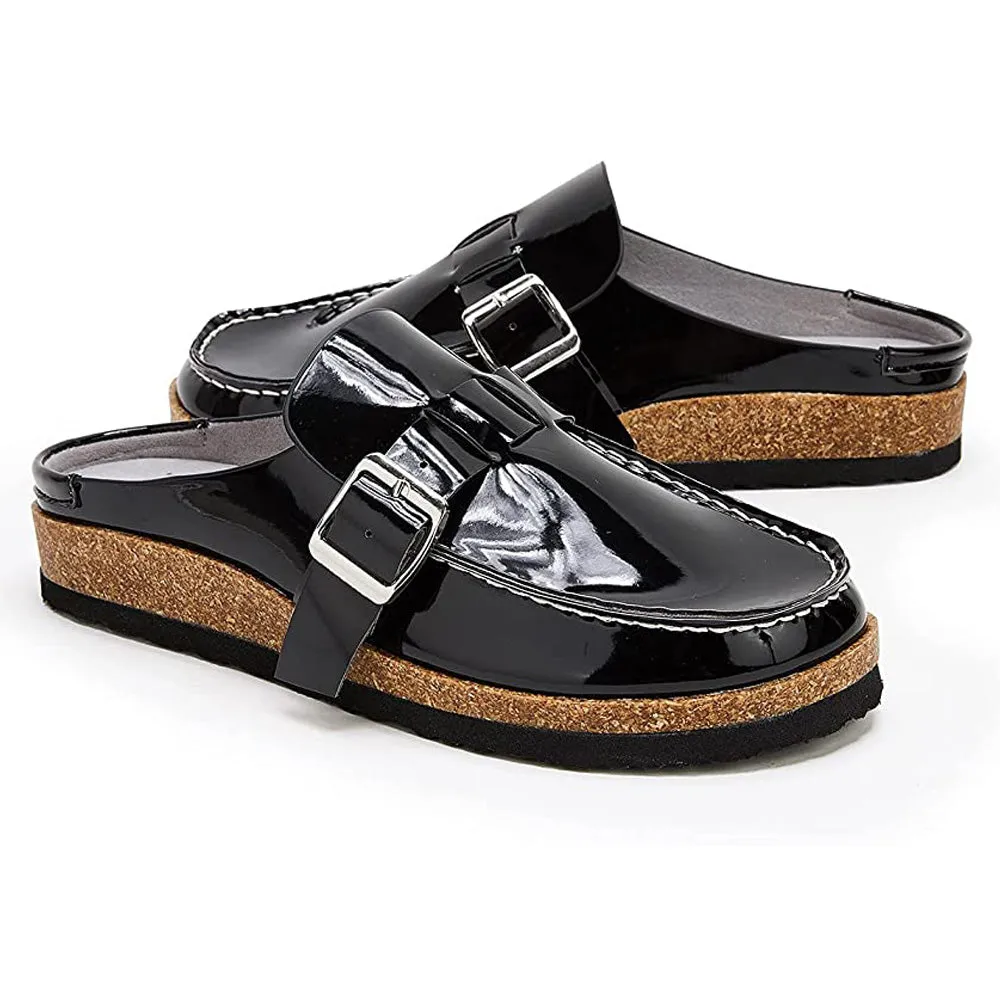 Sohiwoo Women Soft Leather Backless Mules Cork Footbed Slide Shoes