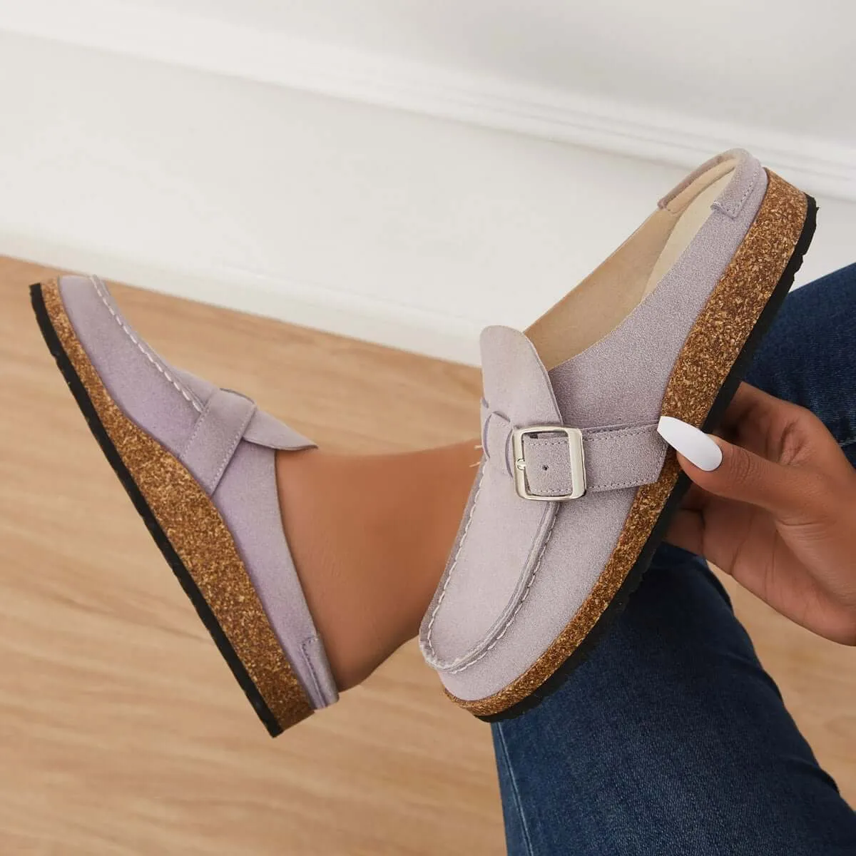 Sohiwoo Women Soft Leather Backless Mules Cork Footbed Slide Shoes