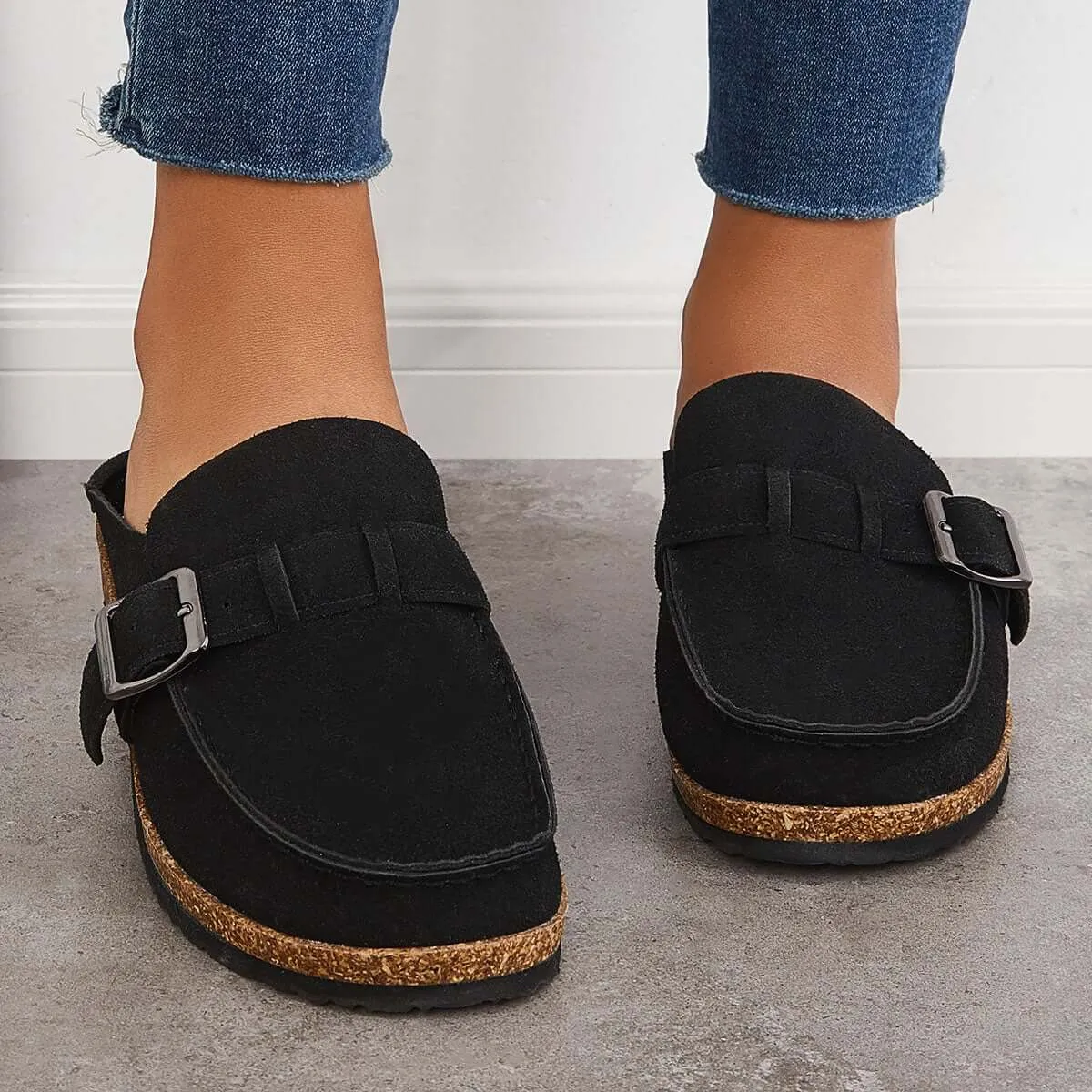 Sohiwoo Women Soft Leather Backless Mules Cork Footbed Slide Shoes