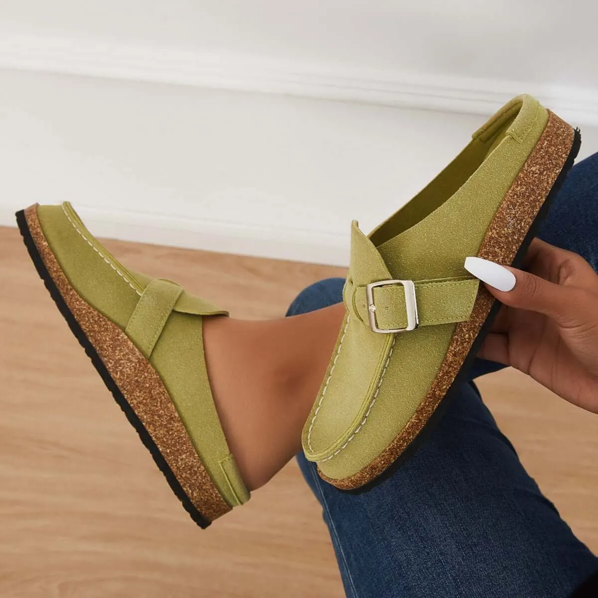Sohiwoo Women Soft Leather Backless Mules Cork Footbed Slide Shoes