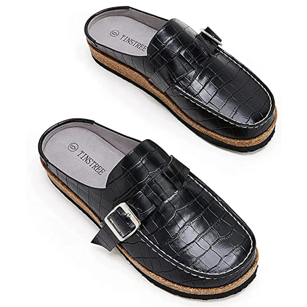 Sohiwoo Women Soft Leather Backless Mules Cork Footbed Slide Shoes