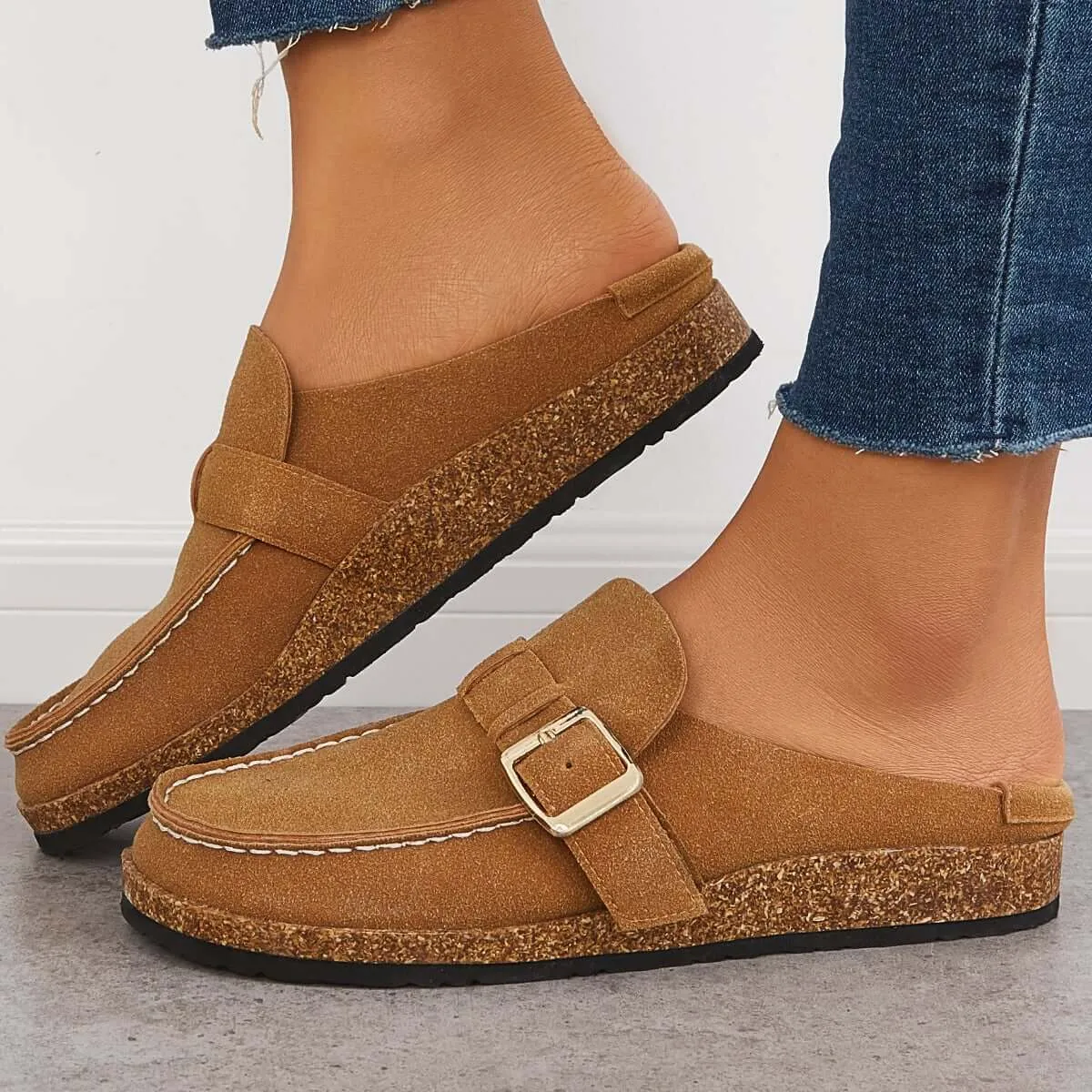 Sohiwoo Women Soft Leather Backless Mules Cork Footbed Slide Shoes