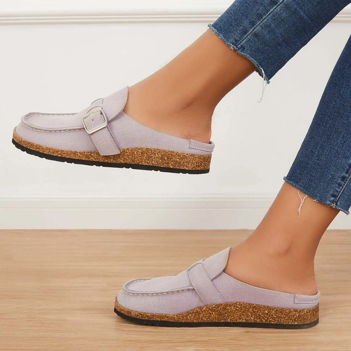 Sohiwoo Women Soft Leather Backless Mules Cork Footbed Slide Shoes