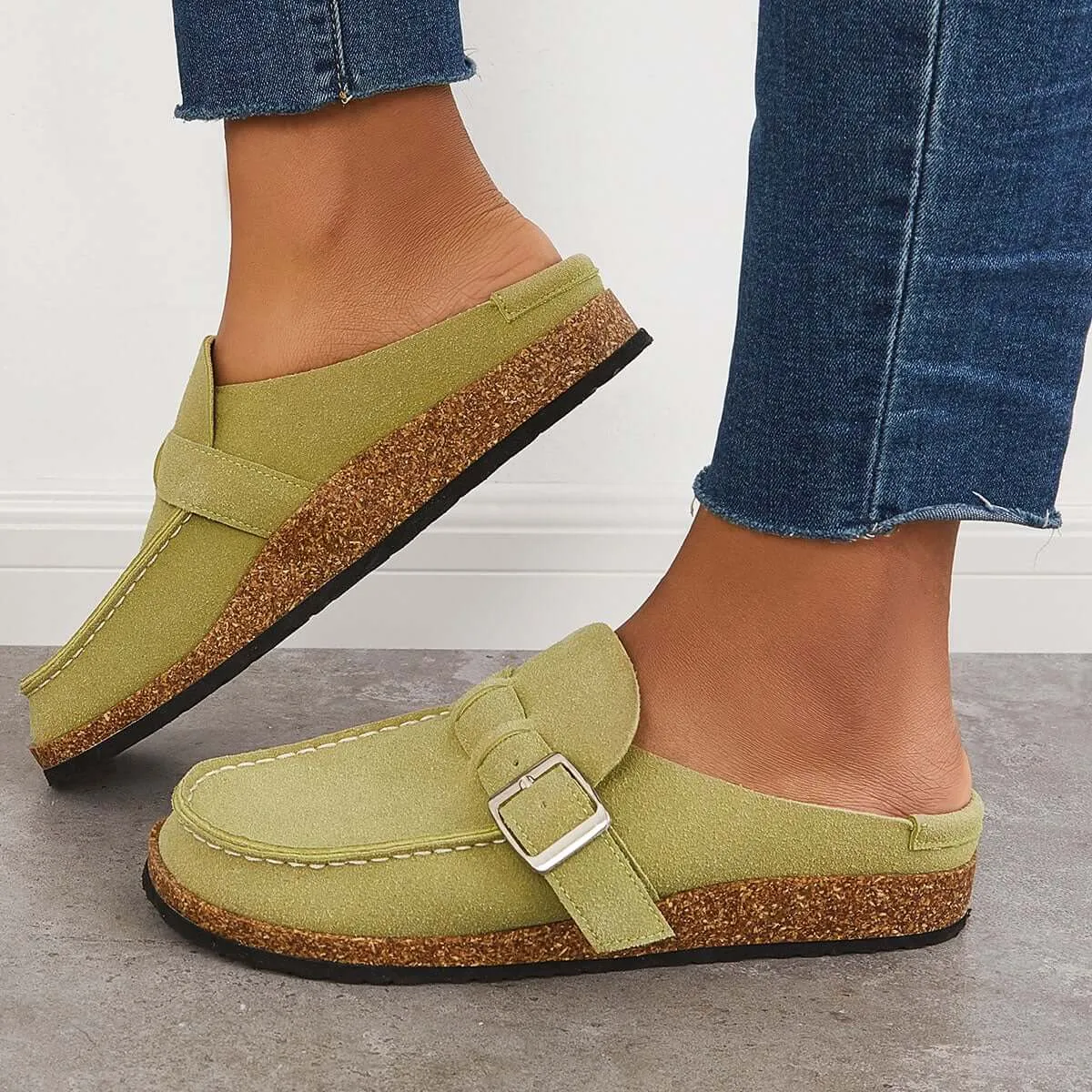 Sohiwoo Women Soft Leather Backless Mules Cork Footbed Slide Shoes