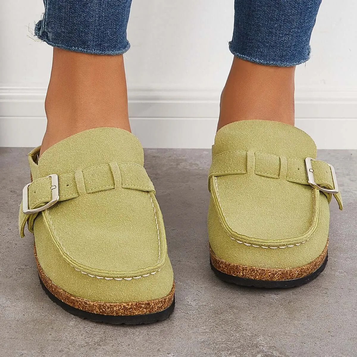 Sohiwoo Women Soft Leather Backless Mules Cork Footbed Slide Shoes