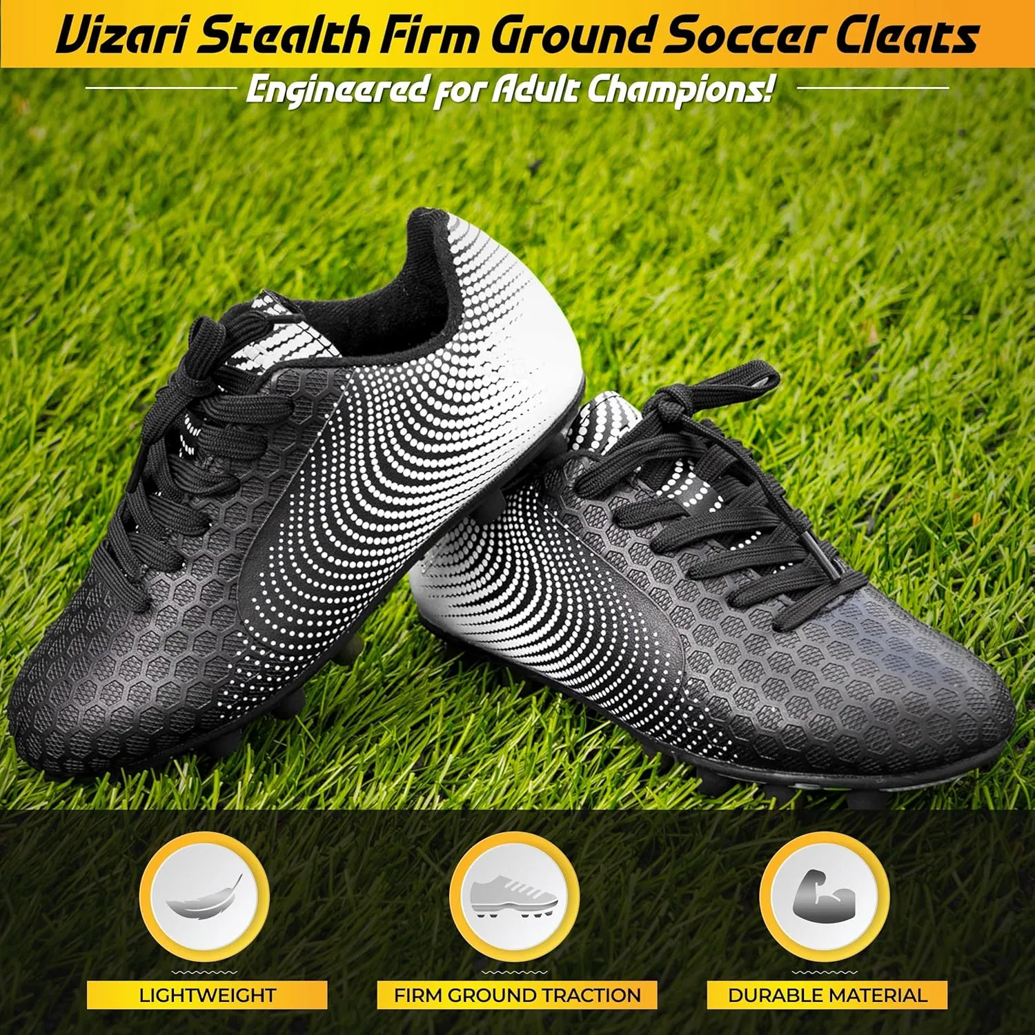 Vizari Stealth Firm Ground Mens Soccer Cleats - Lightweight, Durable & Comfortable Adult Soccer Cleats with Excellent Traction - Mens Soccer Shoes with Padded Heel & Anti-Stretch Lining