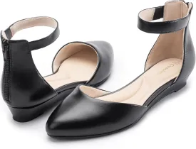 Women Flat Shoes with Ankle Strap, Low Wedge Heel Flats for Women, Comfortable Pointed Toe Dress Shoes for Work Business Wedding