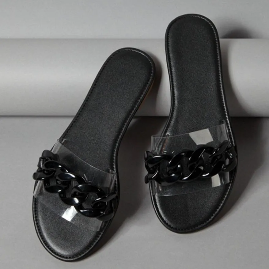 Women flat slide chain one strap cute sandals