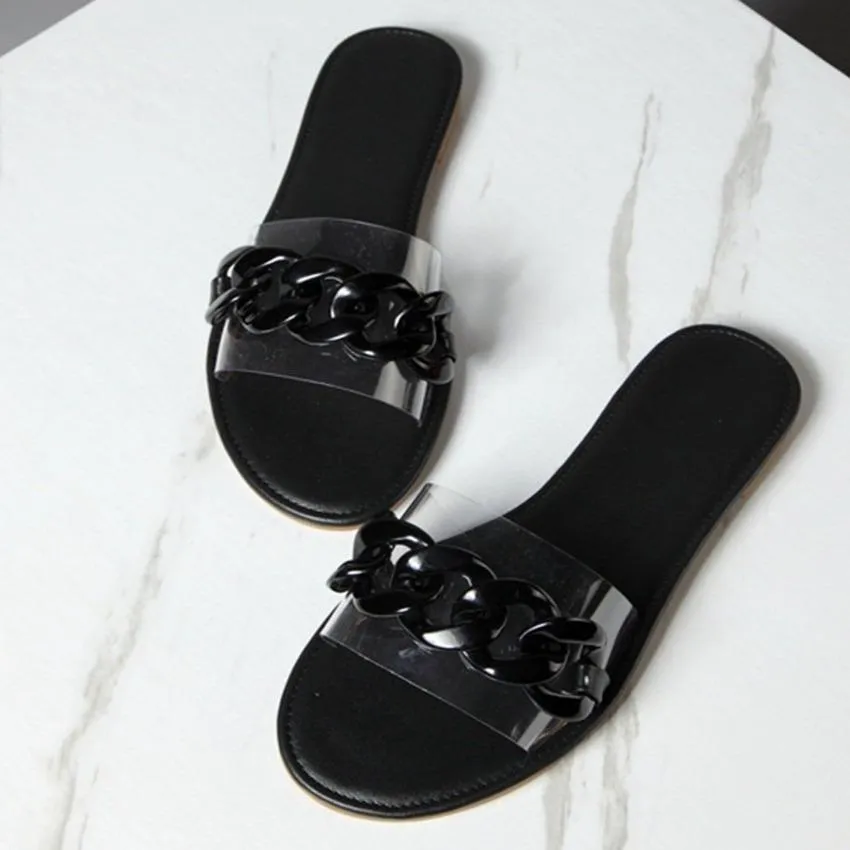 Women flat slide chain one strap cute sandals