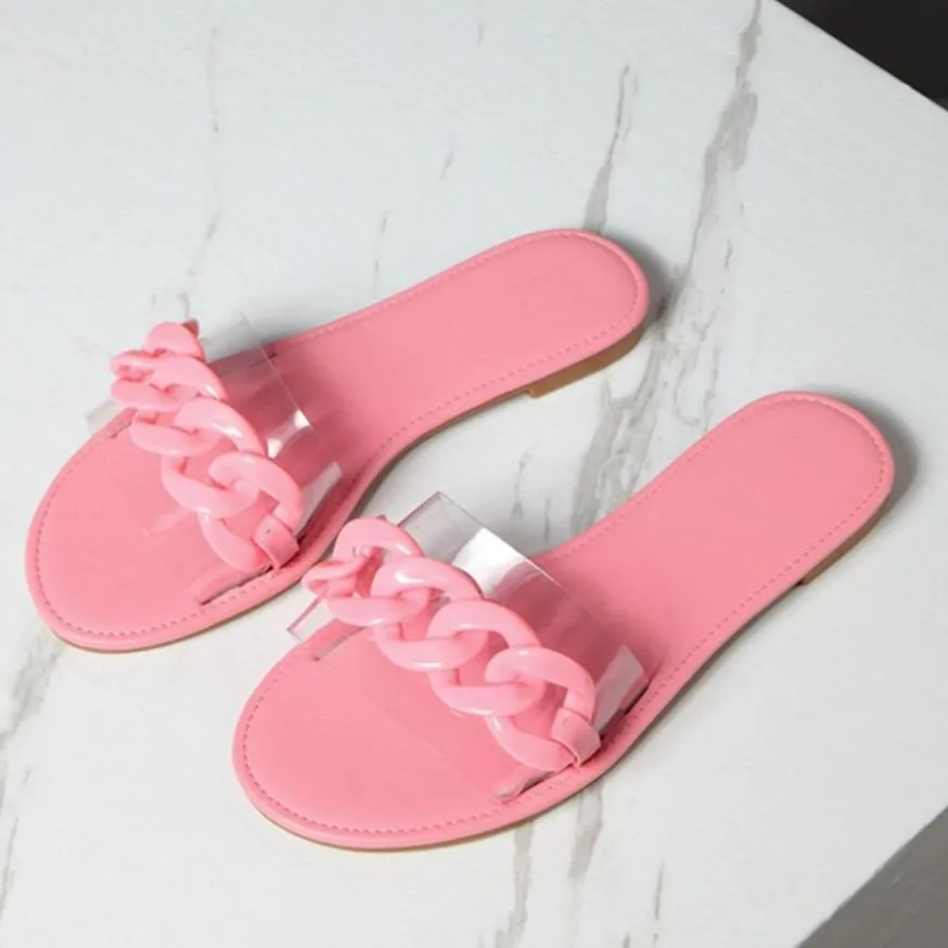 Women flat slide chain one strap cute sandals