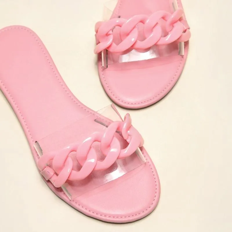 Women flat slide chain one strap cute sandals